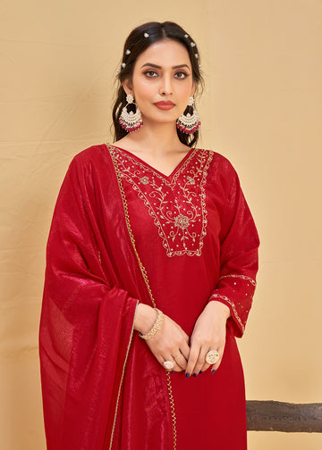Blood Red Woven Silk Suit