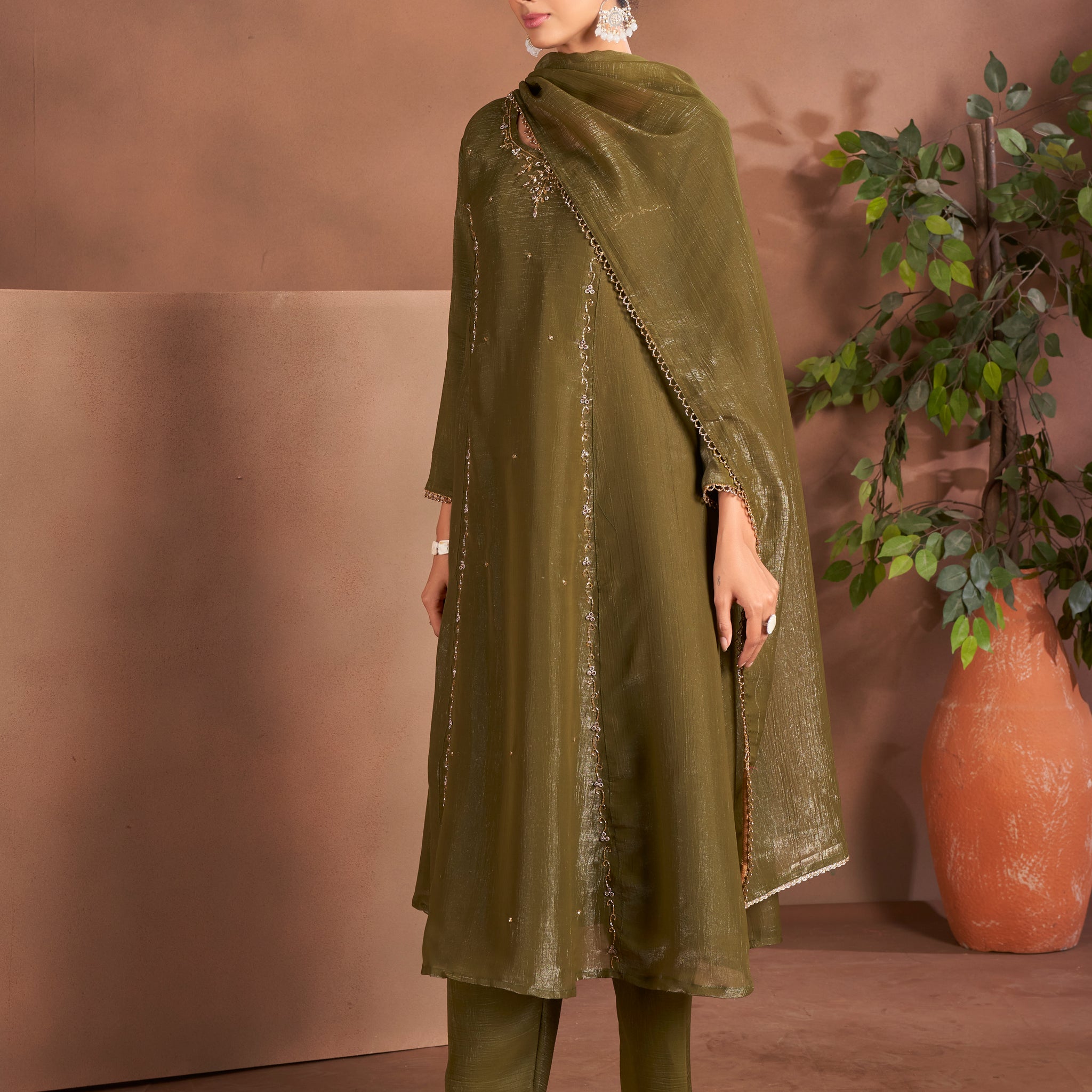 Dusty Green A-line Party Wear Woven Suit