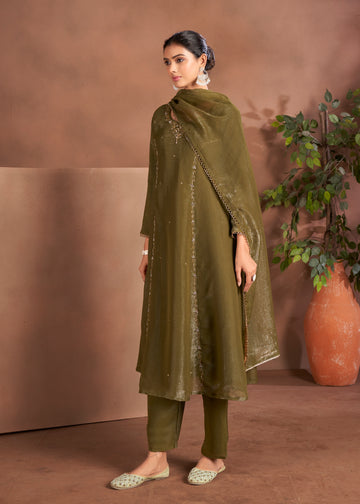 Dusty Green A-line Party Wear Woven Suit